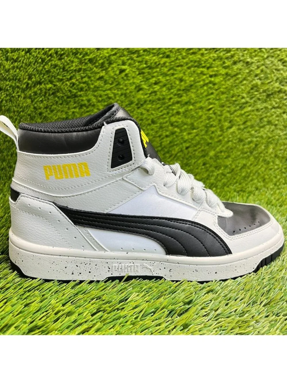 Puma Rebound Joy Mens Size 7 Black White Yellow Athletic Leather Shoes Sneakers